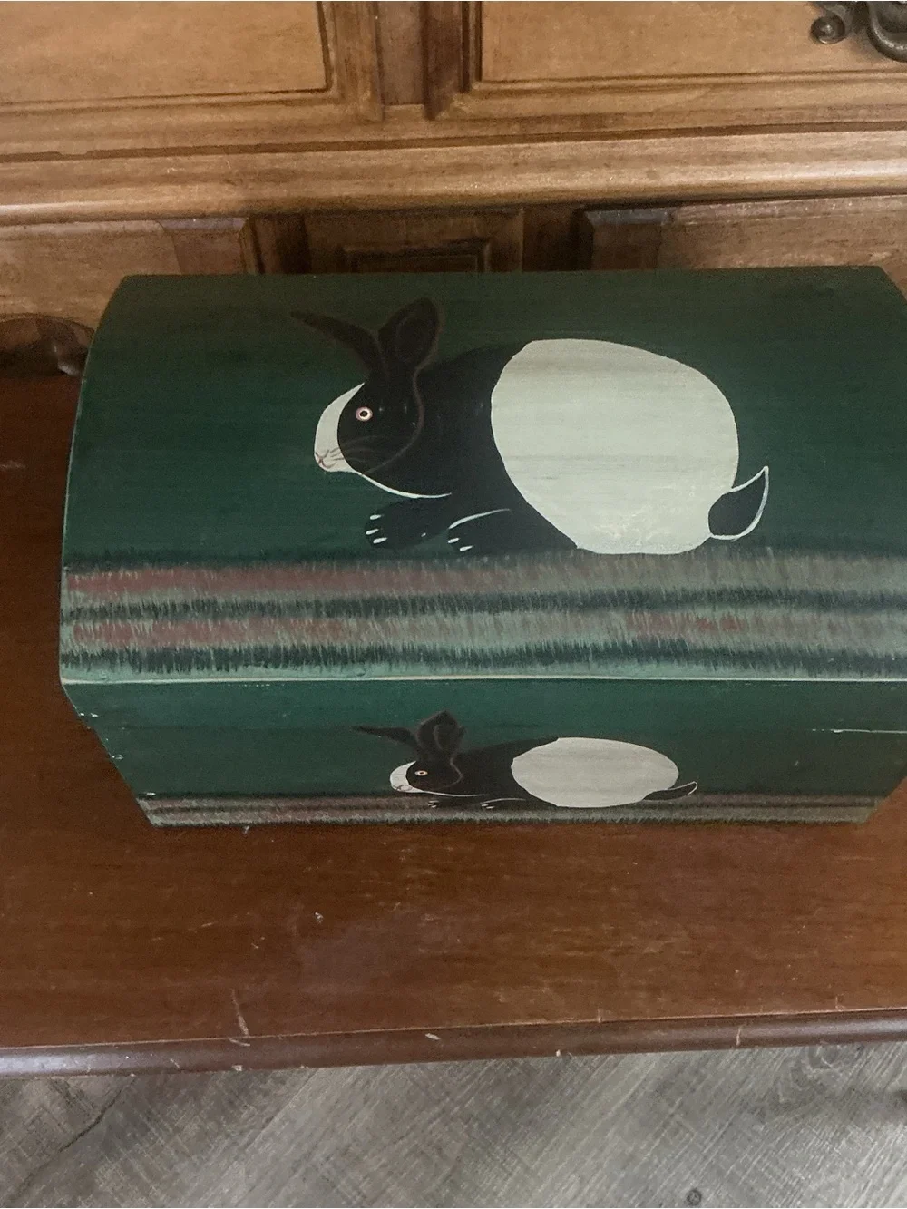 Vintage Warren Kimble Wooden Box Folk Art Green Trunk Bunny Rabbit Keepsake 12